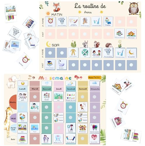 To-do-Liste Planner 2pcs Planning Semaine pour Enfants et Planning Journalier pour Enfants,118pcs Français enfants Routine d'Activités Quotidienne,Tableau Routine enfant Calendrier