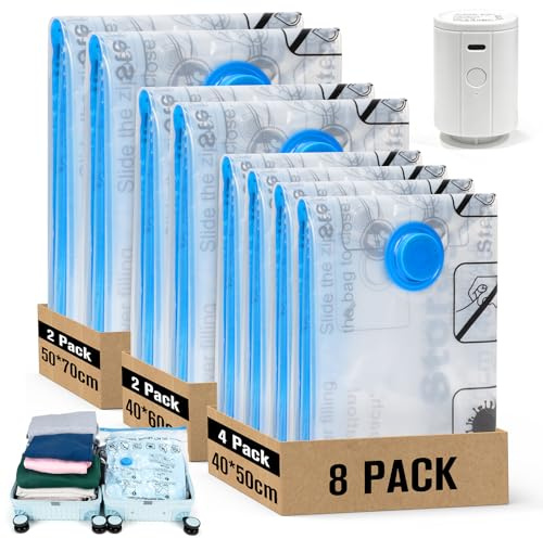 BoxLegend 8 Stück Vakuumbeutel für Kleidung Reise mit Vakuumpumpe | Vakuumbeutel(4x 40x50cm, 2x 40x60cm, 2x 50x70cm), Vakuum Reisebeutel Organizer Set für Koffer Reise