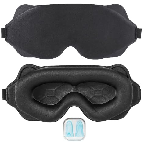 ONTERATE 6D Schlafmaske, Lichtdicht Druckfrei Ohrstöpseln, Beutel, Schwarz | Verbessertes 6D Schlafmasken-Set, große Abdeckung, Nasenflügel, atmungsaktiver Stoff für Zuhause, Nickerchen, Flugreisen