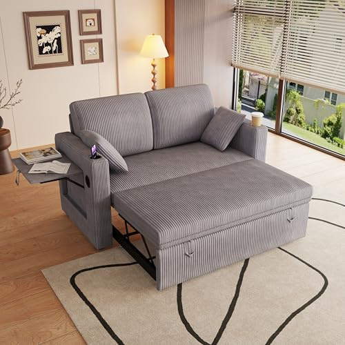 ECLIVON Sofa mit Schlaffunktion und USB TYP C für Wohnzimmer, Sofas & Couches, 2 in 1 Schlafsofa mit Verstellbarer Rückenlehne & Tisch, Sofa Bett Klappbar mit Kissen, Schlafcouch Lounge, Cord (Grau)