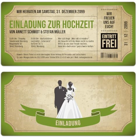 Kartenmachen.de Personalisierte Einladungskarten zur Hochzeit (ab 10 Stück Sets selbst gestalten) als Eintrittskarte mit echtem Abriss im Vintage Ticket Look Hochzeitskarten in Grün