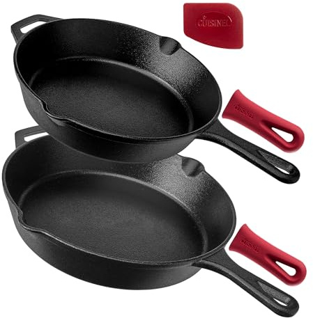 cuisinel Erfahrene Gusseisenpfanne (für den Backofen geeignetes Kochgeschirr und hitzebeständige Stützen) 10 12 mit 2 Holders Schwarz