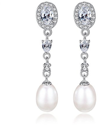 Crystal Sterling Silver Freshwater Pearl 9mm Teardrop dangle Earrings Bridal Ear Studs Betrothal Jewels (white)