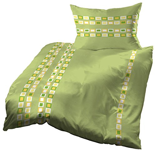 Gerald Wittmann Set Copripiumino Seersucker in Microfibra, Biancheria da Letto Singolo, Strisce y Scacchi, Verde Giallo, 140x200 cm + 70x90 cm