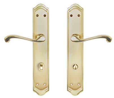 Juego de manivelas de latón fabricado en España. Color dorado mate y brillo. Barnizado semi-brillo. Medida placa: 270x49 mm.