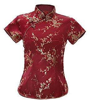 ACVIP Blusa china de manga corta con cuello alto y brocado para mujer, granate, 40