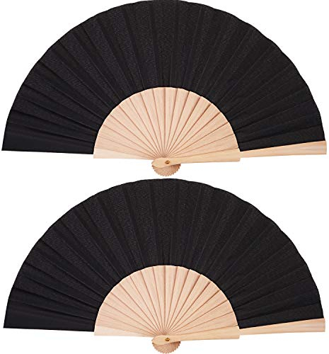 Chuangdi 2 Pieces Folding Hand Fans for Line Dancing Manual Clapping Wooden Wedding Fans Handheld for Women with Drawstring Organza Bags Party Supply(Black,2 Pcs)