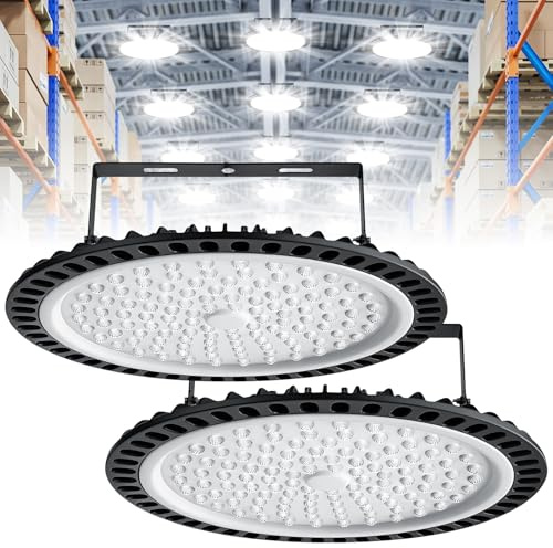 Viugreum 2 PACK UFO LED 500W, Foco LED de Exterior 500W, ​Lámpara de Alta Bahía 50000LM, Blanco Frío 6500K, Lámpara Industrial IP65 Impermeable,Campana Led Industrial para Garaje/Fábrica/Taller