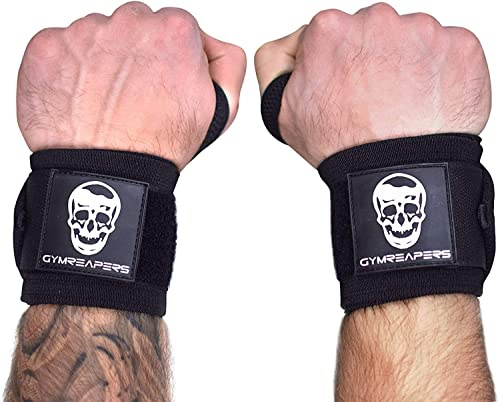 Gymreapers Wrist Wraps Weightlifting - Stiff Heavy Duty 18 inch Wraps With Thick Thumb Loop For Powerlifting, Bodybuilding, Cross Training, & Heavy Presses (Black - 12)