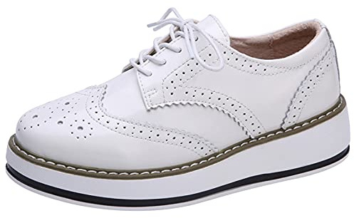 ANUFER kvinnors snörningsbrogues träningsskor skor vardaglig plattform creepers, Vitt patent, 37 EU