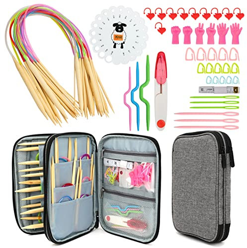 LOOEN 62 Pcs Crochet Yarn Hooks Set with Organizing Case, Including Flexible Cable Bamboo Knitting Needles and Accessories (Grey)