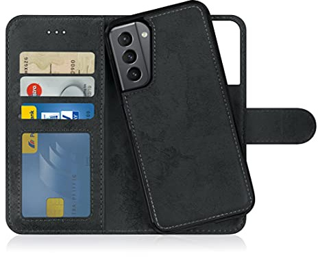 MyGadget Flip-fodral till Samsung Galaxy S21 - [avtagbart magnetfodral] - mobilfodral av konstläder - [flipfodral med kortplats] skyddsfodral i grått svart