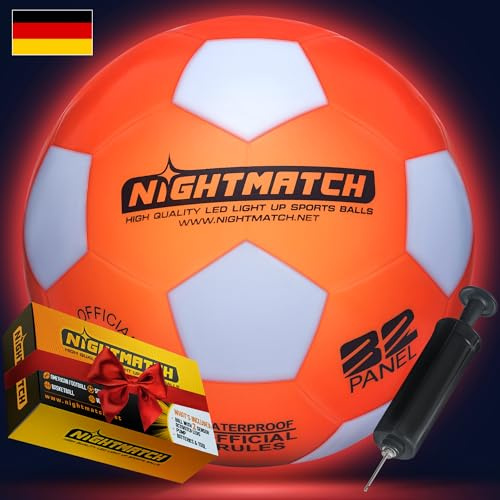 NIGHTMATCH Balón de Fútbol con LED Luminoso en la Oscuridad y con 2 Sensores Activados para Divertirse Niños, Talla 5 (Naranja/Blanco)