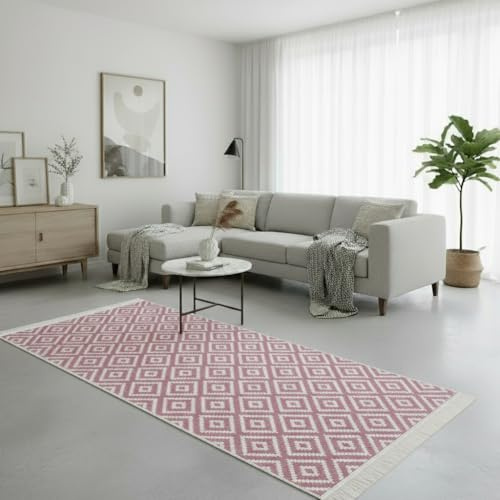 Fashion4Home Teppich Läufer - Tepiche für Wohnzimmer, Schlafzimmer, Küche, Kinderzimmer, Badezimmer - Boho Kelim - Läufer Flur, Trio-Altrosa-Weiß, Größe: 80x200 cm
