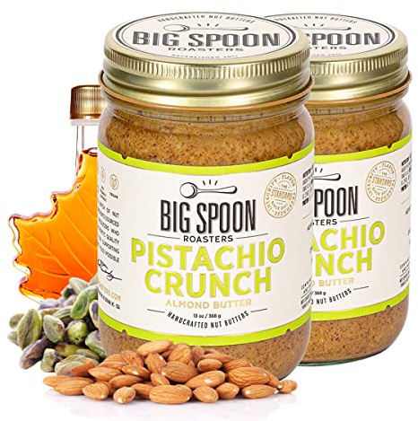 Big Spoon Roasters Almond & Pistachio Butter w/Raw Honey & Sea Salt - Keto Friendly, Low Sugar Almond Butter - Crunchy Pistachio Butter w/Bee-Friendly Almonds - Gourmet, Vegan Nut Butter - 26 Ounces