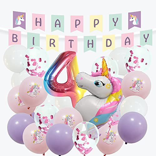 envami® Einhorn Deko 4 Geburtstag I 32 Stk. - Deko 4 Geburtstag Mädchen - Luftballon 4 - Geburtstagsdeko 4 Mädchen - Einhorn Kindergeburtstag - Folienballon 4