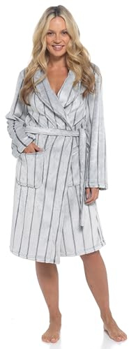 Daisy Dreamer Womens Shadow Stripe Shawl Collar Robe Bath Robes Super Soft Fleece Gowns Dressing Gown Bathrobe, Stripe Grey Large
