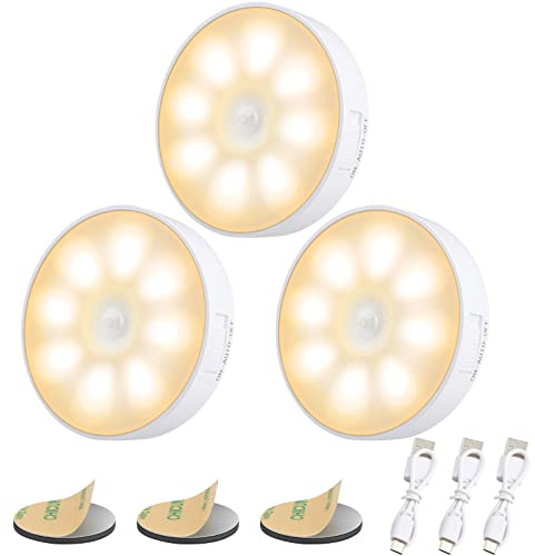 Electight Veilleuse Détecteur de Mouvement, USB Rechargeable[Lot de 3] | 3000K,8LEDs,Batterie 400mAh, Lampe Détecteur de Mouvement, Lampe Adhésive LED avec Base Magnétique-Jaune Chaud
