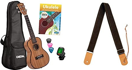 Cascha Konzert Ukulele Set für Kinder & Erwachsene - Starter Kit Mit 3 Plektren, Tasche, Deutschem Lehrbuch, Stimmgerät & Verstellbarem Gurt (76-139 cm)