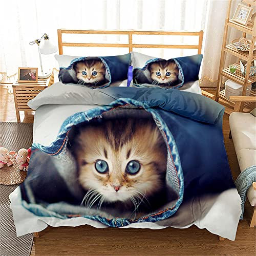 LRUD Niedliche Katze Bettwäsche 135x200, Weiche Flauschige Katzenmotiv Bettbezüge Mit Kissenbezug 80x80 Mit Reißverschluss (E,220 x 240 cm + 80 x 80 cm x 2)