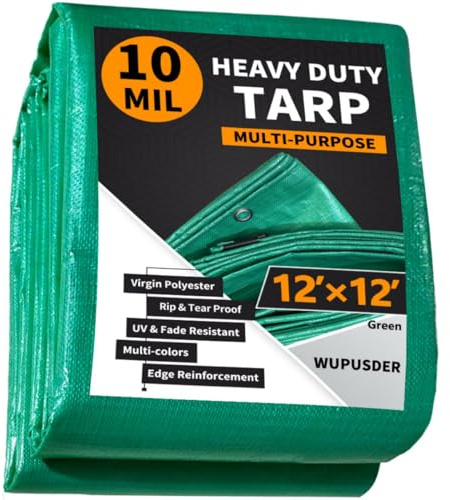 WUPUSDER Tarps Heavy Duty Waterproof 12x12ft, 10Mil Poly Tarps with Grommets, UV Resistant, Green Multipurpose Tarpaulin with Reinforced Edges, Camping, Outdoor Coverings