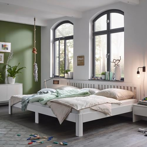 Ecolignum Familienbett Como 240x200 Erle Weiß, Massivholzbett mit FSC & PEFC zertifiziertem Holz & modernem Design, Bettgestell ohne Matratze Kissen & Lattenrost, Massiv Bett Familien-Bett Bed