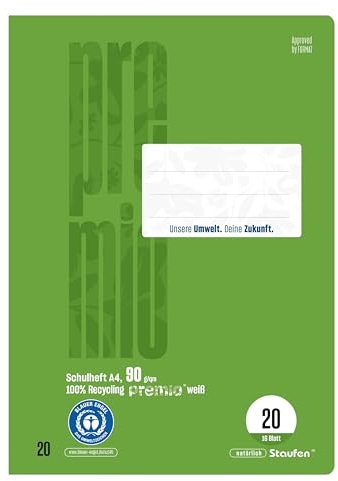 Staufen premio Schulheft - 4 Hefte je 16 Blatt, DIN A4, Lineatur 20 (blanko), 90 g/m² Recyclingpapier, runde Ecken verhindern „Eselsohren“