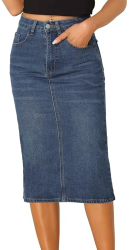 Allegra K Casual Denim Skirt for Women's High Waist Split Back Pockets Midi Jean Skirts Medium Blue