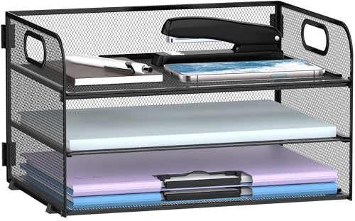 Supeasy 3 Tier Paper Organizer with Handle, Mesh Desk Organizer Letter Tray, Paper Tray File Organizer for A4 File Folder, Black