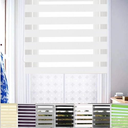 Doppelrollo klemmfix Verdunkelungsrollo, 85 x 350 cm Sonnenschutz Sichtschutz Rollo für Fenster, Zebrarollo Seitenzugrollo inkl. Montagematerial, für Fenster & Tür, Weiß
