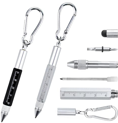 CODIRATO 6 In 1 Multifunktionsstift Multifunktions Kugelschreiber Mini Kugelschreiber mit Karabiner Multifunktionale Werkzeugstift mit Skala Geschenk Werkzeug Stift für Männer Opa Lehrer Handwerker