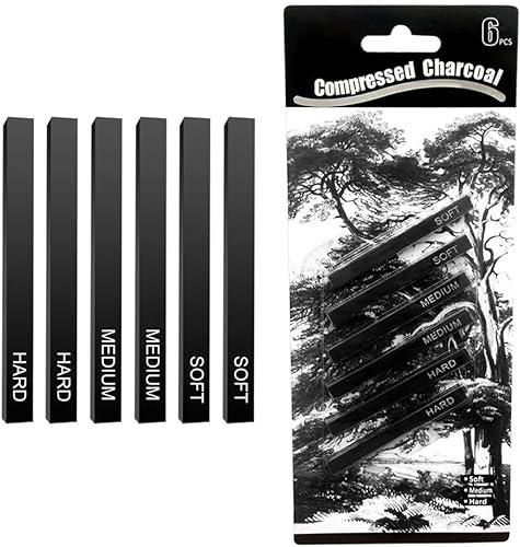 6 Stück komprimierte Kohlestifte Holzkohle Stick Weich|Mittel|Hart Zeichenkohle Set Kunst Holzkohle Block Zeichnung Sortierte Künstler Sketch Kohle zum Zeichnen Skizzieren Schattieren Kunstdesign