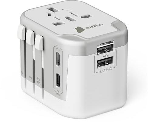 zunkfulu Adattatore da Viaggio Universale con 2 USB C, 2 USB A, e 1 CA Adattatore da Viaggio, Adatto per più di 200+ paesI(bianco)
