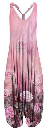Azruma Overall Damen Sommer, Damen Anzug Elegant Damen Jumpsuit Elegant Frauen Sommer Floral Gedruckt Ärmelloser Jumpsuit Mit Taschen Eleganter Jumpsuit Damen Festlich Hosen Damen Sommer(2-Pink,3XL)