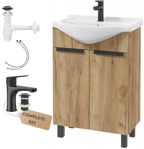 .Deftrans waschbecken mit unterschrank 60 x 85 x 43,5 cm -waschtisch mit unterschrank und Waschtischarmatur, gäste wc waschbecken mit unterschrank 60 cm Holz, schwarz Armatur, klick-Klack, Siphon Set