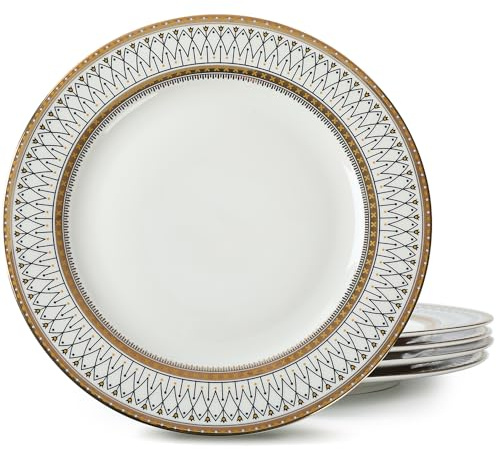 YEWUDHOM Golden Line Speiseteller, 26,7 cm, Keramikteller, 4 Stück | Porzellanteller, Essküche, Steak-Salatteller-Set, Heim-Restaurant-Utensilien, Weiß und Gold