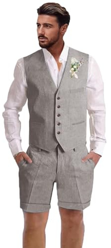 Dsteng Herren-Leinenanzug, 2-teilig, Kurze Anzüge für Herren, lässig, Sommer, Strand, Hochzeit, Anzug, Leinenweste, Shorts-Set, GRAU, XX-Large