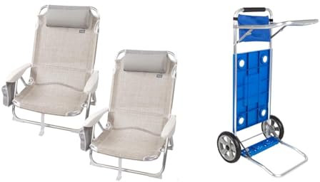 AKTIVE 62262 - Pack de 2 sillas Plegables multiposición para Playa, jardín, terraza o Camping Beige & Carro de Playa Plegable Convertible en Mesa 2 en 1, Medidas 50,5x45,5x104,5cm, Peso máx 30kg