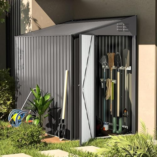 U-MAX Outdoor Lean to Storage, 4x7 FT Metal Shed, Garden Storage Shed with Waterproof, Garbage Can, Tools, Lawn Mower, Bike Shed for Backyard Patio, Galvanized Steel with Lockable Door, Charcoal Grey