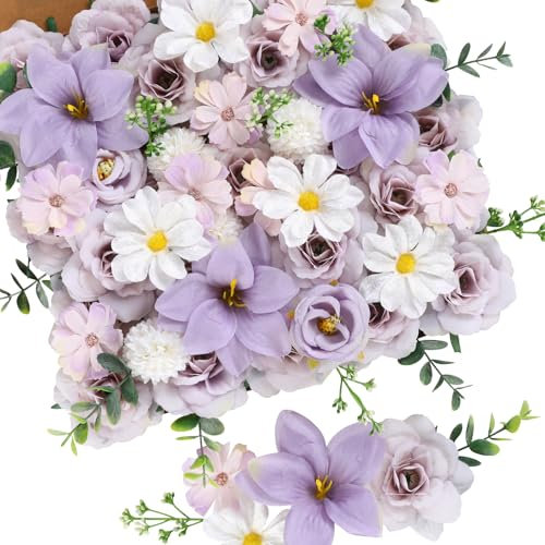 JUSTOYOU Lot de 50 fleurs artificielles violettes en soie avec tiges, fausses roses, hortensia, tiges d'eucalyptus pour bouquet de mariage, arrangements floraux, fête, décoration d'intérieur (violet)