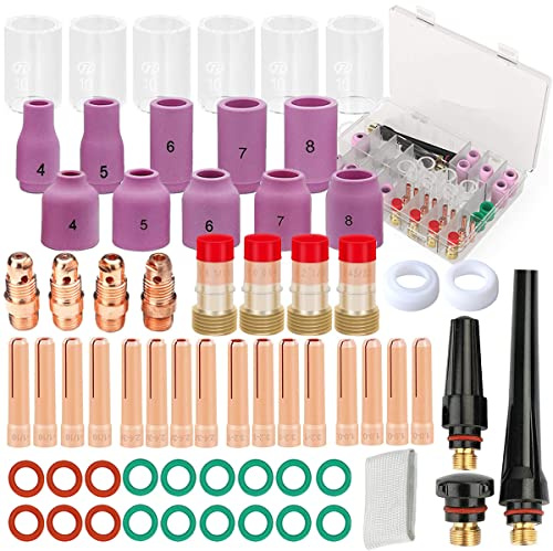 EATBALE 64 Stück Wig Schweißbrenner Zubehör Kit Gaslinse für WP17 18 26#10 für Pyrex-Glasbecher Aluminiumoxid Düsen Ke ramik Schweißbecher Spannzangen mit Finger Schweißen Hitzeschild XL