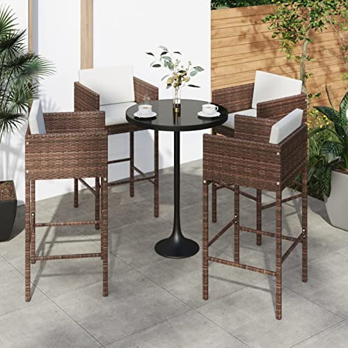 Homgoday Juego de 4 taburetes de bar con cojines marrones de ratán sintético, muebles de jardín, mesa y sillas de jardín al aire libre