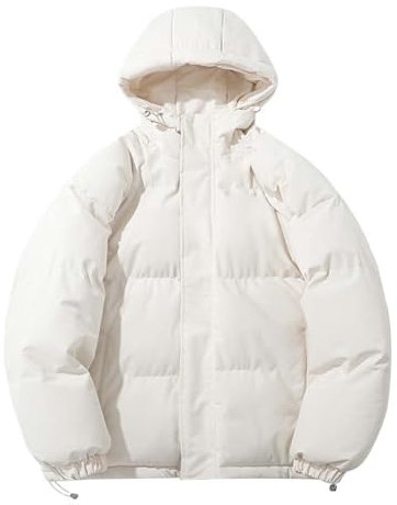 Men's Puffer Jackets Winter Full Zipper Hooded Down Jackets Lightweight Color Block Casual Trendy Thick Jacket Windproof Waterproof Warm Cotton Tops with Pockets White