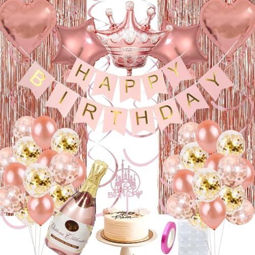 Rose Gold Birthday Decorations for Women, 48-Piece Party Kit with Balloons | Happy Birthday banner, crown and champagne bottle balloon, confetti balloons, tassel curtain and cake topper for party decor