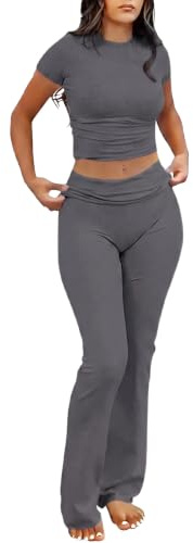IWOLLENCE Ensemble de vêtements de détente pour femme - Tenue deux pièces - Haut court à manches courtes et taille haute élastique - Pantalon large, gris foncé, XS