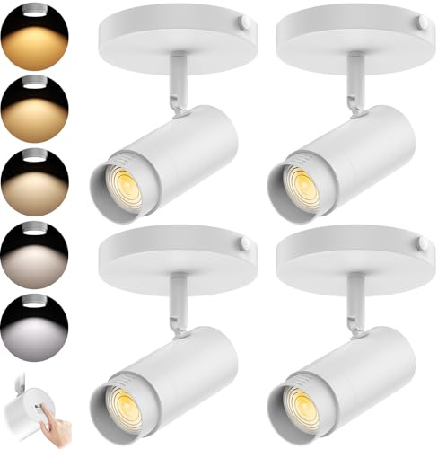 AIBISOD 5-Color LED Ceiling Spot Lights Indoor 15-60° Zoomable 10W Flush Mount Ceiling Spotlight, Adjustable Directional Lighting Accent Fixture for Living Room Kitchen Cabinets White 1000lm 4-Pack