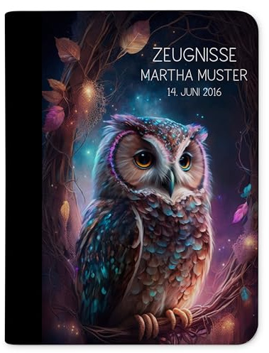 CreaDesign Zeugnismappe A4 mit Namen personalisiert für Kinder – Eule Dream – Dokumentenmappe Schule ohne Klarsichthüllen