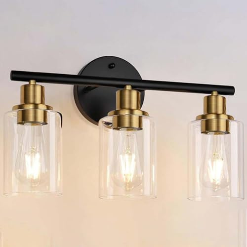LOGT Badleuchte 3 Flammig Wandleuchte Innen Wasserdicht Spiegelleuchte Glas Lampenschirm Retro Industrie Wandlampe Modern Runde Wandbeleuchtung E27 Kristall Metall Lampe für Schlafzimmer,Gold