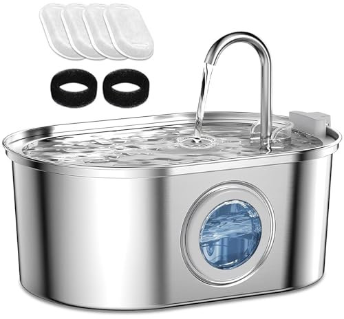 AQXONG Fuente de Agua para Mascotas de Acero Inoxidable, 3.2L Bebedero para Gatos, Filtrado Múltiple, Fuente de Agua para Gatos Ultra Silenciosa con Luz LED, 4 Elementos Filtrantes+2 Algodón Filtrante