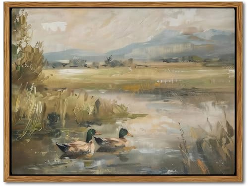 Floating Framed Canvas Wall Art, Vintage Mallard Duck Oil Paintings Print, Countryside Art Wildlife Nature Pond Wall Decor for Living Room, Bedroom, Office, Rustic Decor 12x16 inch